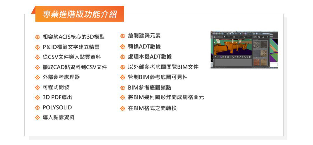 ActCAD 2025 專業進階版功能介紹 ActCAD 2025 支援程式開發,繪製建築元素,adt數據,bim參考底圖等專業功能介紹