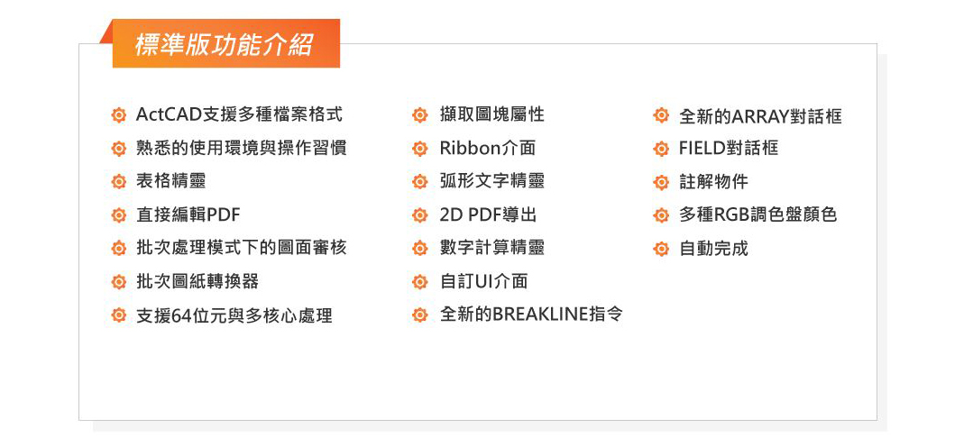 ActCAD 2025 標準版功能介紹 ActCAD 2025 支援多種檔案格式,自訂ui介面,批次處理模式下的圖面審核等標準版功能介紹